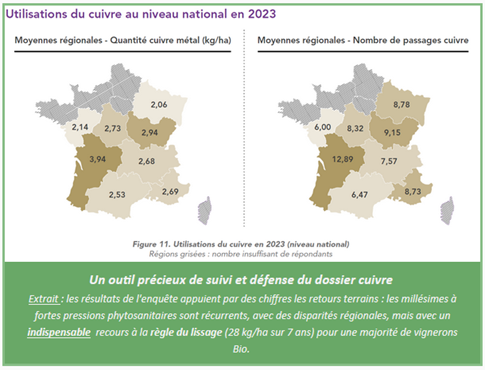 Carte des régions métropolitaine avec leur quantité cuivre métal kg/ha et le nombre de passages. Région grande aquitaine première région avec 3.94 kg/ha en 12.89 passages.