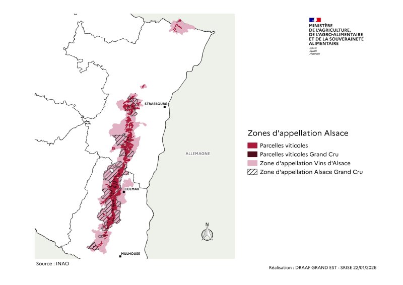 Les zones d'appelations se situent au milieu de l'Alsace, du Sud vers le Nord.