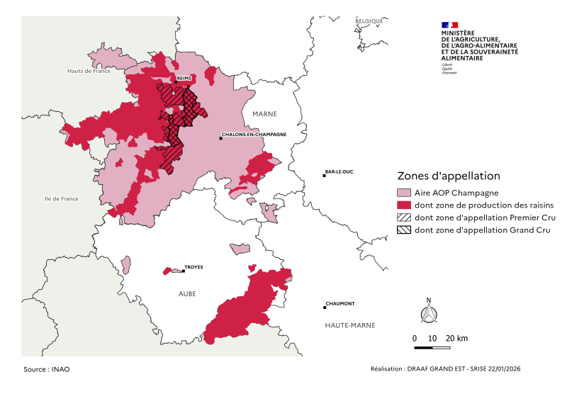 L'AOP Champagne couvre une grande partie de la Marne et le Sud-Est de l'Aube, et dépasse un peu dans les Hauts de France. Les raisons sont produits sur la zone d'appellation de l'Aube et à l'Ouest de la zone d'appellation de la Marne.