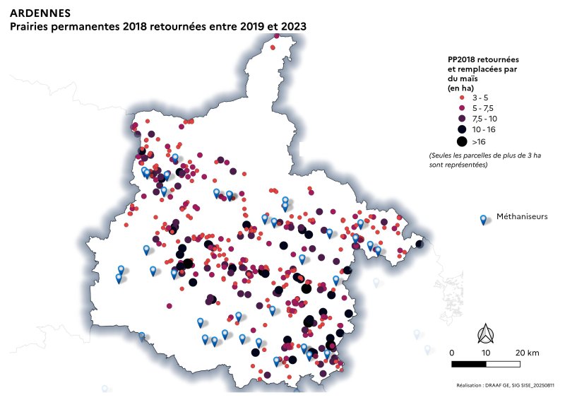 Localisation des prairies permanentes 2018 retournées et remplacées par du maïs dans les Ardennes entre 2019 et 2023 et localisation des méthaniseurs