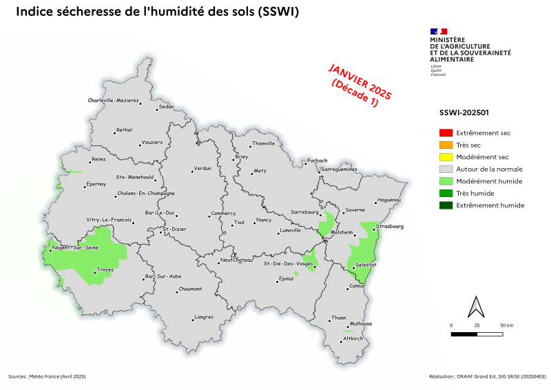 Image 1 : Indice sécheresse de l'humidité des sols - Janvier 2025 - décade 1