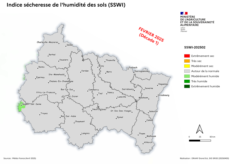 Image 1 : Indice sécheresse de l'humidité des sols - février 2025 - décade 1
