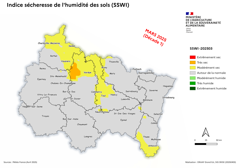 Image 1 : Indice sécheresse de l'humidité des sols - mars 2025 - décade 1
