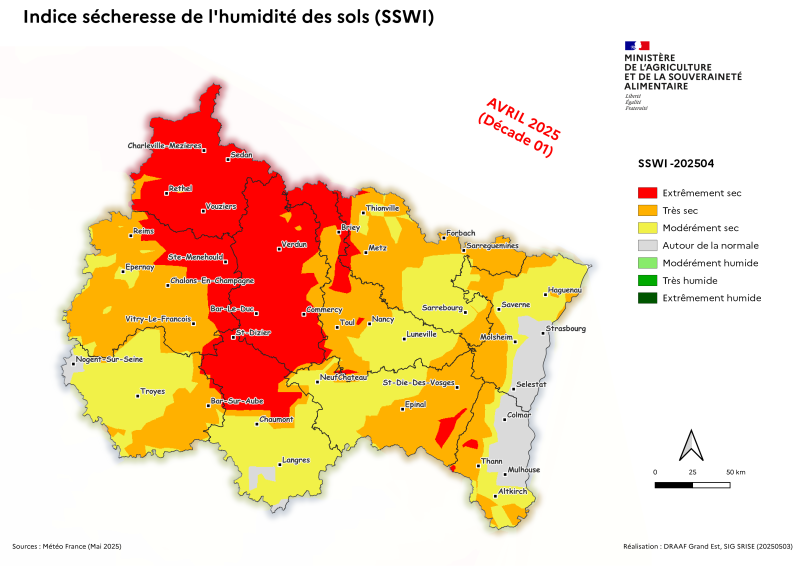 Image 1 : Indice sécheresse de l'humidité des sols - avril 2025 - décade 1