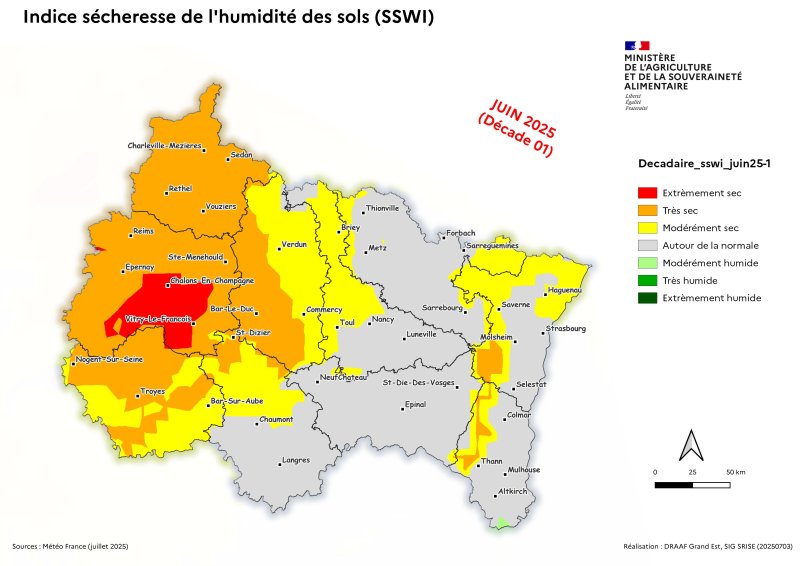 Image 1 : Indice sécheresse de l'humidité des sols - juin 2025 - décade 1