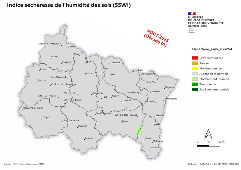 Image 1 : Indice sécheresse de l'humidité des sols - août 2025 - décade 1