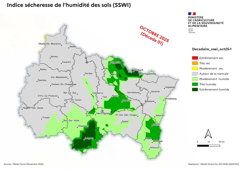 Image 1 : Indice sécheresse de l'humidité des sols - octobre 2025 - décade 1
