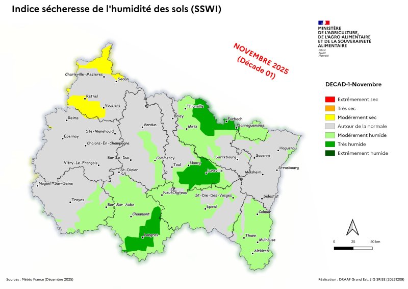 Image 1 : Indice s&eacute;cheresse de l'humidit&eacute; des sols - novembre 2025 - d&eacute;cade 1
