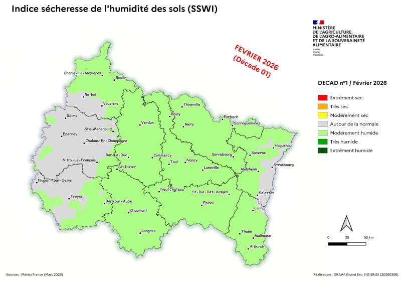 Image 1 : Indice s&eacute;cheresse de l'humidit&eacute; des sols - f&eacute;vrier 2026 - d&eacute;cade 1