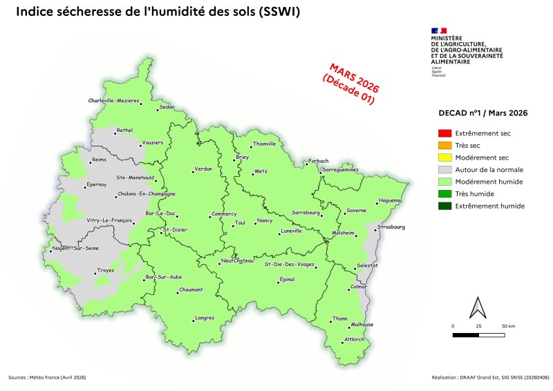 Image 1 : Indice s&eacute;cheresse de l'humidit&eacute; des sols - mars 2026 - d&eacute;cade 1