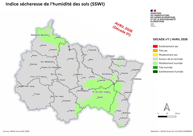 Image 1 : Indice s&eacute;cheresse de l'humidit&eacute; des sols - avril 2026 - d&eacute;cade 1 