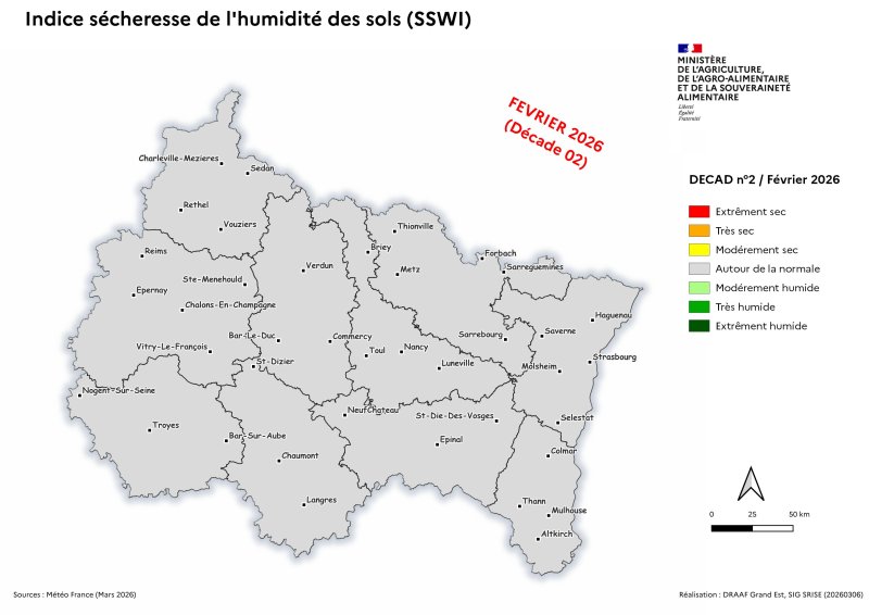 Image 2 : Indice s&eacute;cheresse de l'humidit&eacute; des sols - f&eacute;vrier 2026 - d&eacute;cade 2