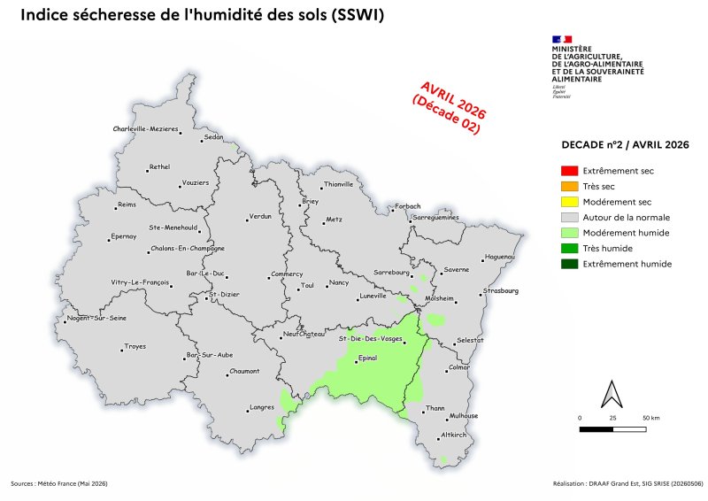 Image 2 : Indice s&eacute;cheresse de l'humidit&eacute; des sols - avril 2026 - d&eacute;cade 2