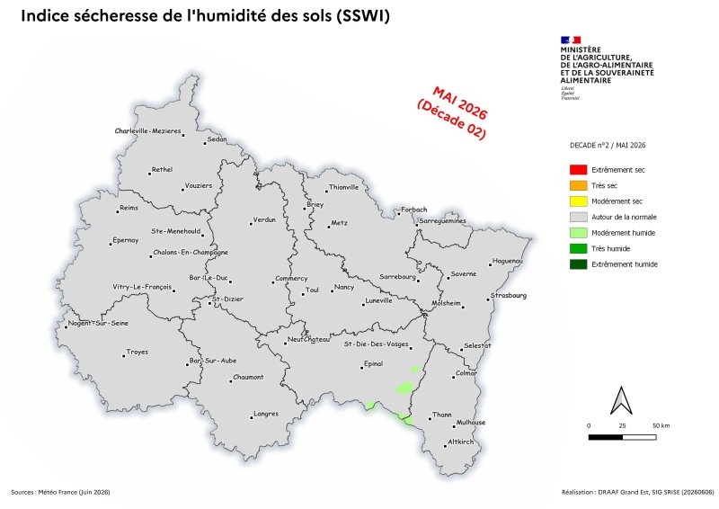 Image 2 : Indice s&eacute;cheresse de l'humidit&eacute; des sols - mai 2026 - d&eacute;cade 2