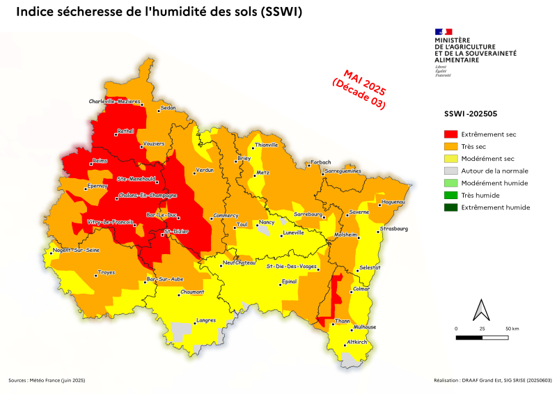 Image 3 : Indice sécheresse de l'humidité des sols - mai 2025 - décade 3