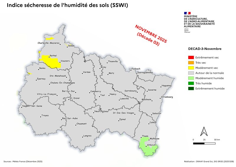 Image 3 : Indice s&eacute;cheresse de l'humidit&eacute; des sols - novembre 2025 - d&eacute;cade 3
