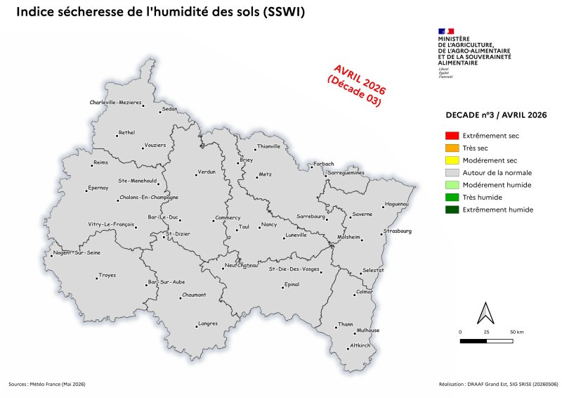 Image 3 : Indice s&eacute;cheresse de l'humidit&eacute; des sols - avril 2026 - d&eacute;cade 3