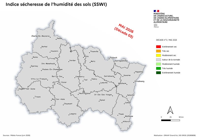 Image 3 : Indice s&eacute;cheresse de l'humidit&eacute; des sols - mai 2026 - d&eacute;cade 3