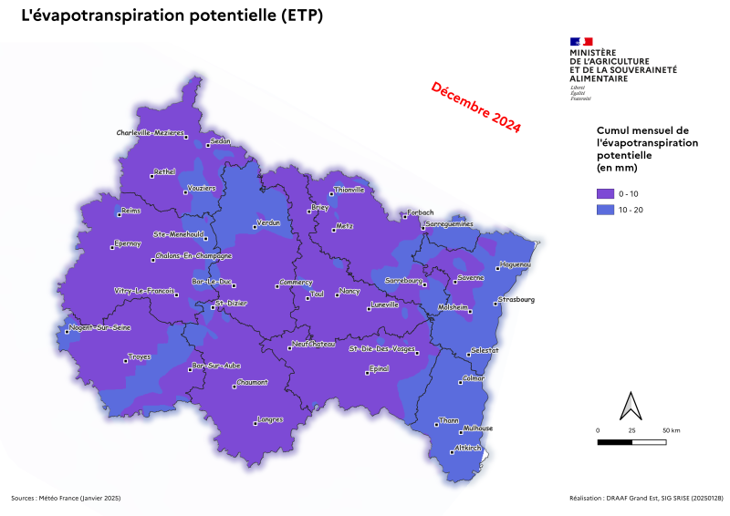 Image 1 : Représentation cartographique de l'évapotranspiration potentielle dans le Grand Est en décembre 2024 : ETP faible (0 à 20 mm).