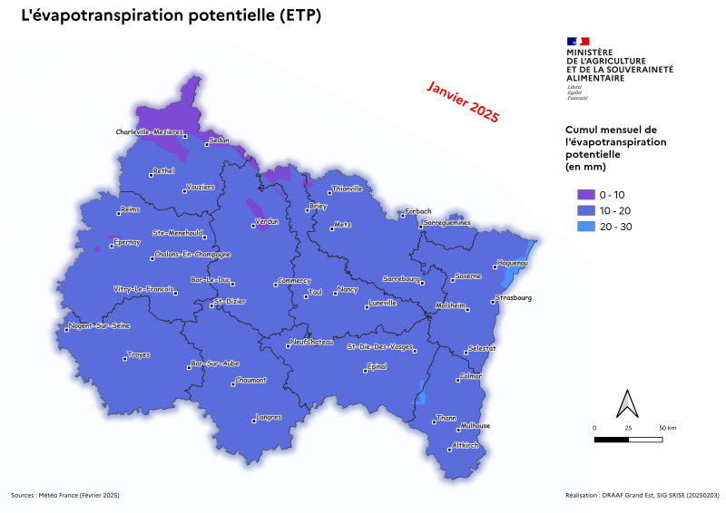 Image 2 : Représentation cartographique de l'évapotranspiration potentielle dans le Grand Est en janvier 2025 : ETP faible (0 à 20 mm).