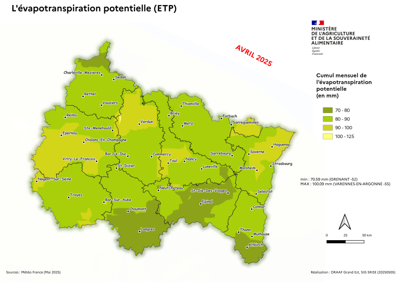 Image 5 : Cumul mensuel de l'évapotranspiration potentielle (ETP) en avril 2025