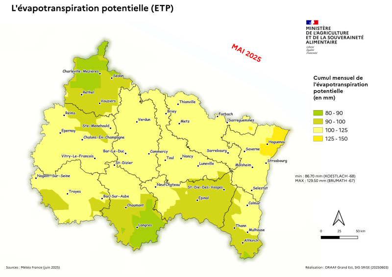 Image 6 : Cumul mensuel de l'évapotranspiration potentielle (ETP) en mai 2025