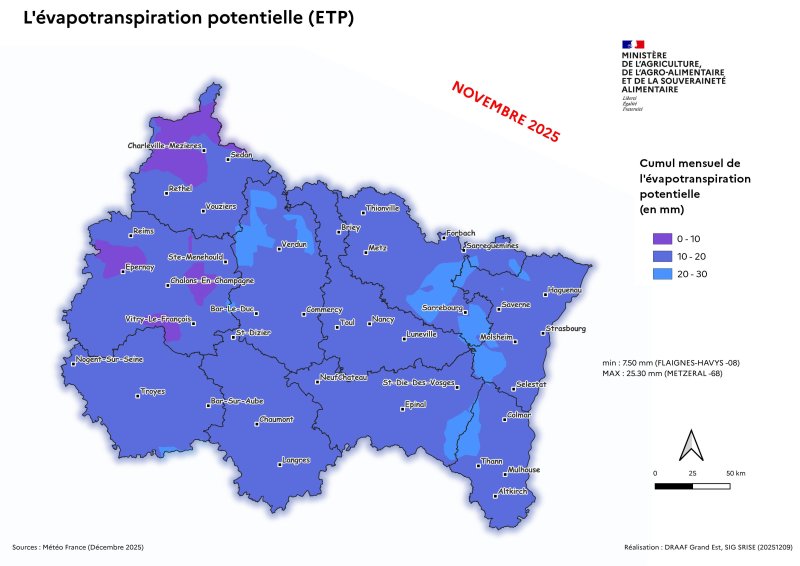 Image 7 : Cumul mensuel de l'&eacute;vapotranspiration potentielle (ETP) en novembre 2025