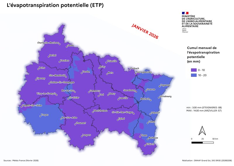 Image 5 : Cumul mensuel de l'&eacute;vapotranspiration potentielle (ETP) en janvier 2026