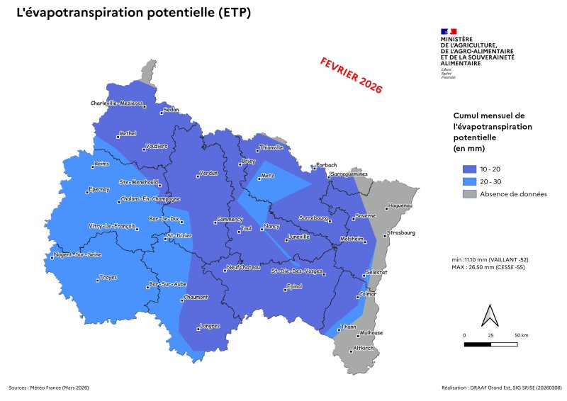 Image 6 : Cumul mensuel de l'&eacute;vapotranspiration potentielle (ETP) en f&eacute;vrier 2026