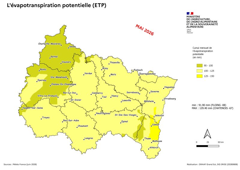Image 9 : Cumul mensuel de l'&eacute;vapotranspiration potentielle (ETP) en mai 2026