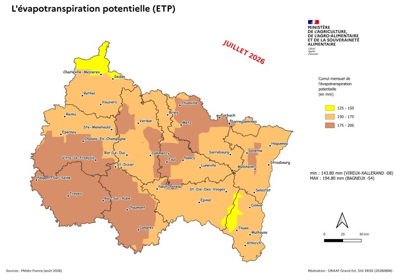 Image 7 : Cumul mensuel de l'&eacute;vapotranspiration potentielle (ETP) en juillet 2026