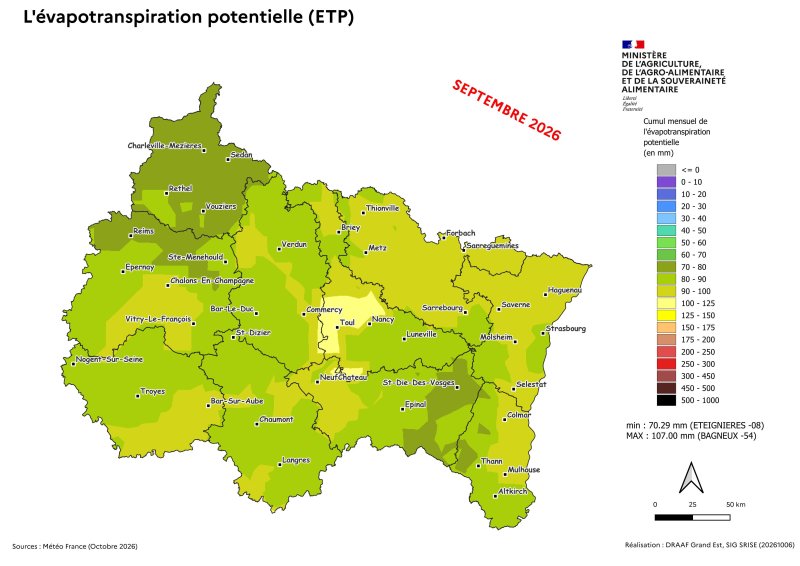 Image 6 : Cumul mensuel de l'&eacute;vapotranspiration potentielle (ETP) en septembre 2026