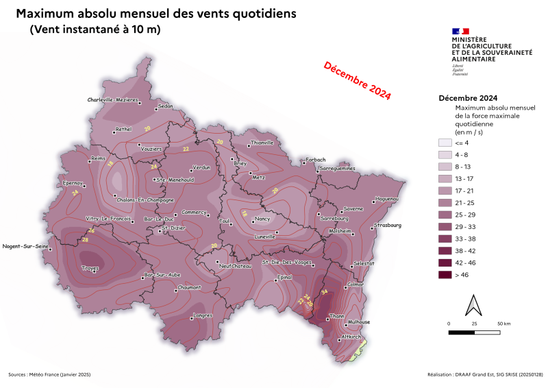 Image 1 : En décembre 2024 dans le Grand Est, passage de fronts météorologiques actifs générant quelques forts coups de vents et quelques rafales sur les crêtes vosgiennes et le secteur troyen.