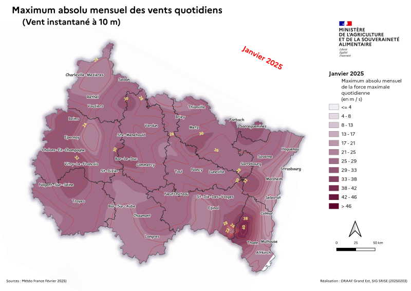 Image 2 : En janvier 2025 dans le Grand Est, la dépression Floriane favorise des vents forts sur plusieurs départements (Aube, Marne, Haut-Rhin, Moselle et Meuse). La tempête Herminia fin janvier génère des vents très forts en Champagne. 