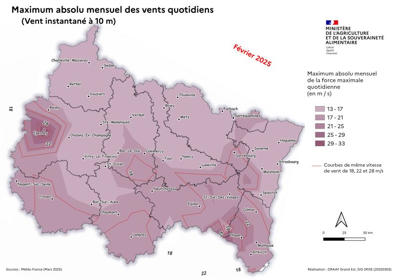 Image 3 : Vent instantané à 10m - Maximum absolu mensuel des vents quotidiens - février 2025