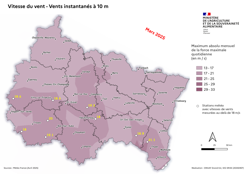 Image 4 : Vent instantané à 10m - Maximum absolu mensuel des vents quotidiens - mars 2025