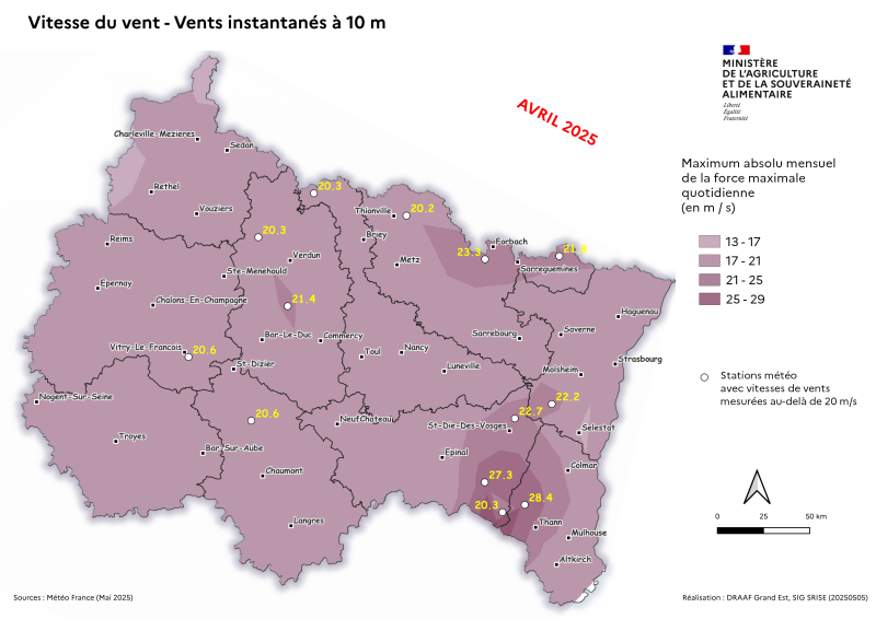 Image 5 : Vent instantané à 10m - Maximum absolu mensuel des vents quotidiens - avril 2025