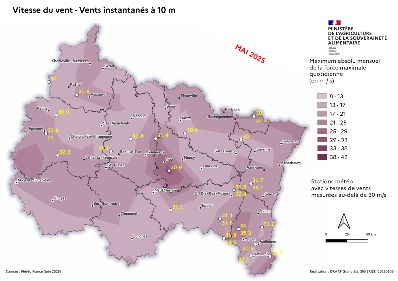 Image 6 : Vent instantané à 10m - Maximum absolu mensuel des vents quotidiens - mai 2025