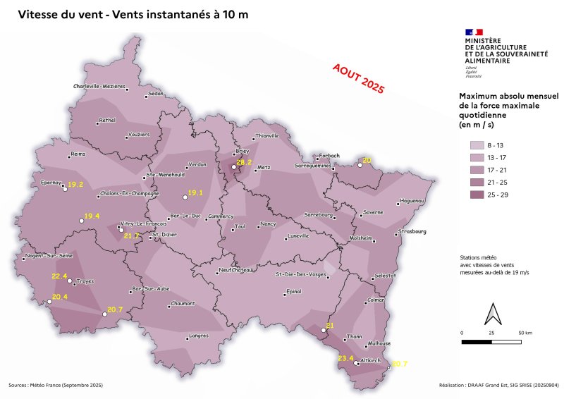 Image 4 : Vent instantané à 10m - Maximum absolu mensuel des vents quotidiens - août 2025