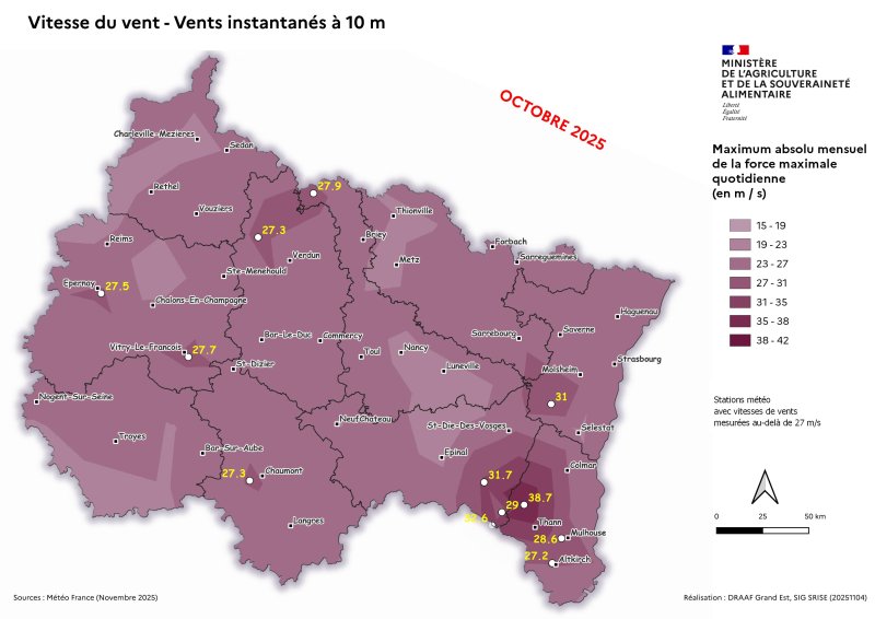 Image 6 : Vent instantané à 10m - Maximum absolu mensuel des vents quotidiens - octobre 2025
