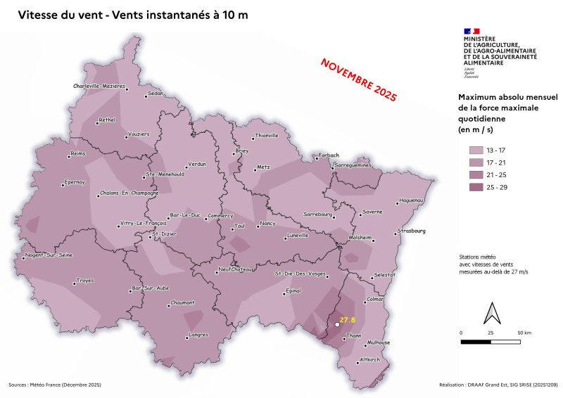Image 7 : Vent instantan&eacute; &agrave; 10m - Maximum absolu mensuel des vents quotidiens - novembre 2025