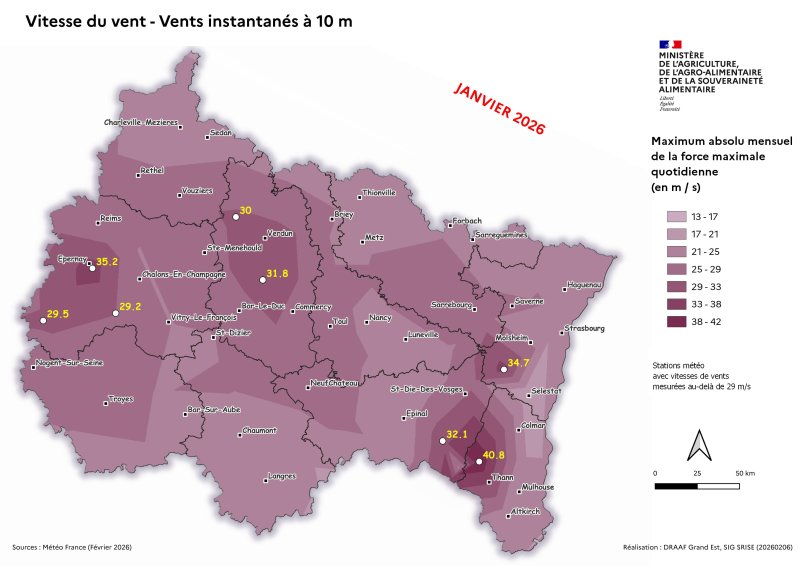 Image 5 : Vent instantan&eacute; &agrave; 10m - Maximum absolu mensuel des vents quotidiens - janvier 2026