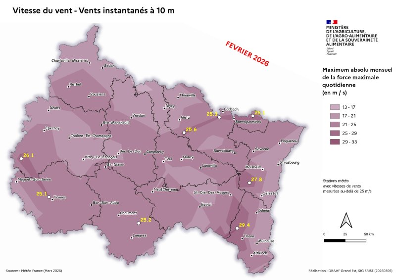Image 6 : Vent instantan&eacute; &agrave; 10m - Maximum absolu mensuel des vents quotidiens - f&eacute;vrier 2026