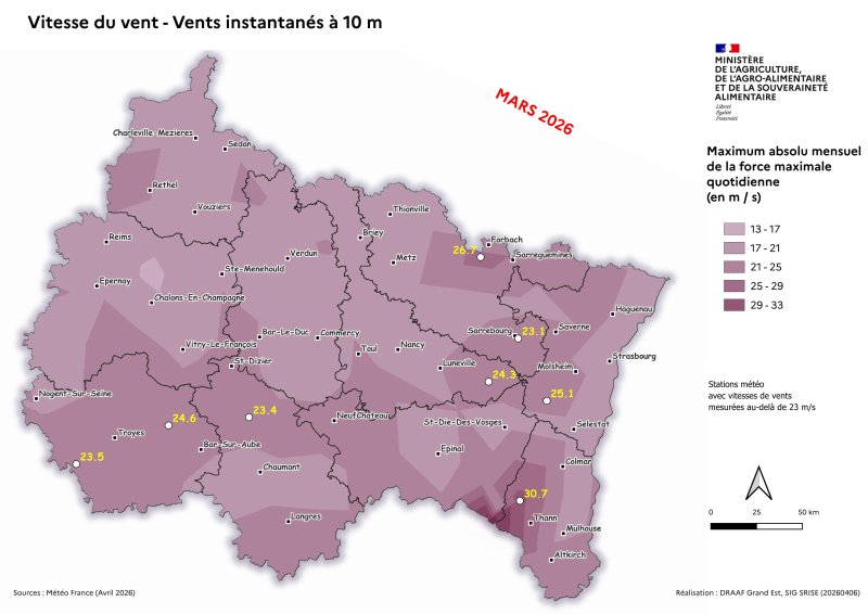 Image 7 : Vent instantan&eacute; &agrave; 10m - Maximum absolu mensuel des vents quotidiens - mars 2026