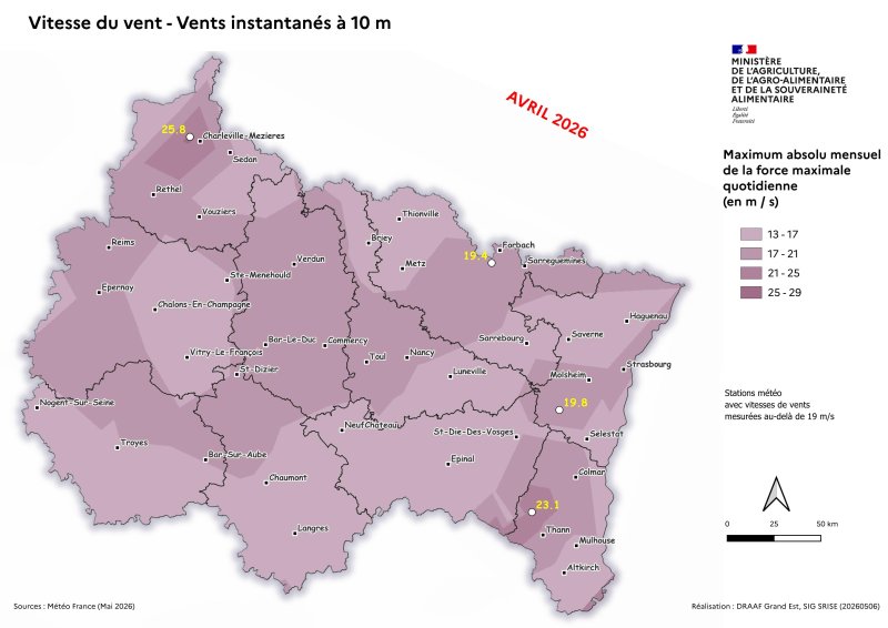 Image 8 : Vent instantan&eacute; &agrave; 10m - Maximum absolu mensuel des vents quotidiens - avril 2026