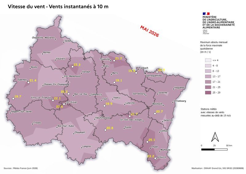Image 9 : Vent instantan&eacute; &agrave; 10m - Maximum absolu mensuel des vents quotidiens - mai 2026