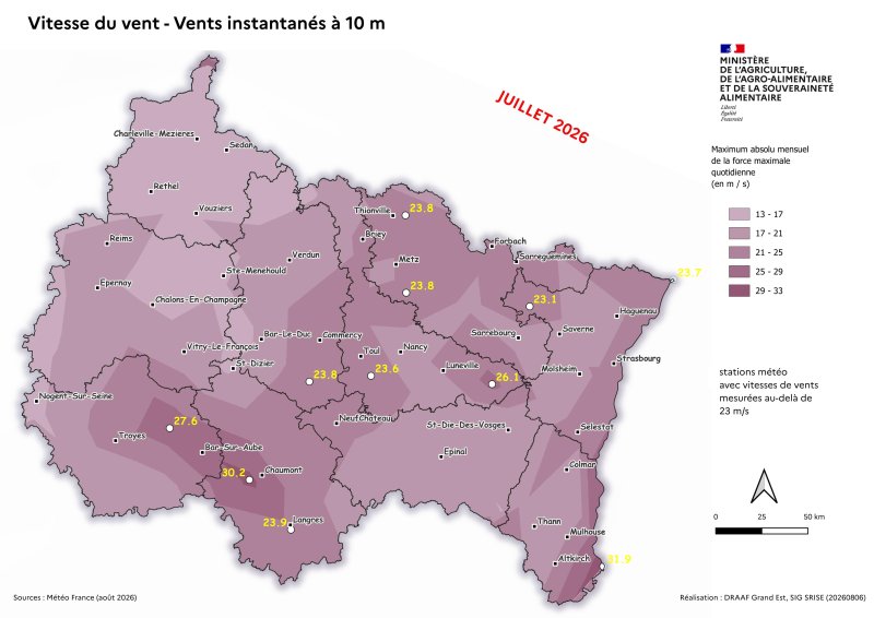 Image 7 : Vent instantan&eacute; &agrave; 10m - Maximum absolu mensuel des vents quotidiens - juillet 2026