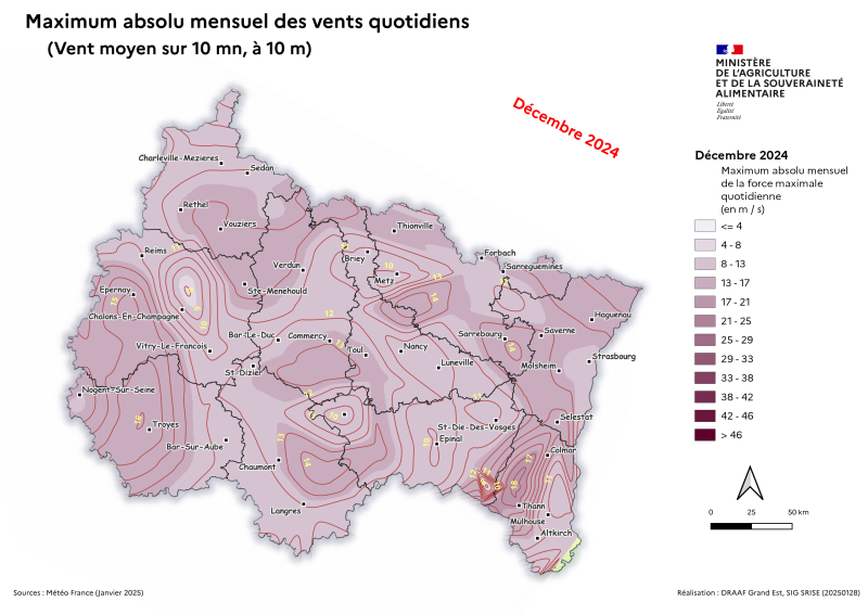 Image 1 : En décembre 2024 dans le Grand Est, le vent est variable en intensité et en durée. Il est faible dans l'ensemble hormis quelques rafales ponctulles