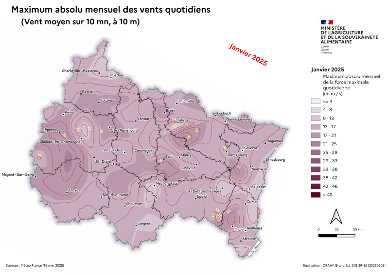 Image 2 : En janvier 2025 dans le Grand Est, le nombre de jour de vent fort est compris entre 4 et 16 jours en plaine et proche des 20 jours sur les crêtes vosgiennes. 