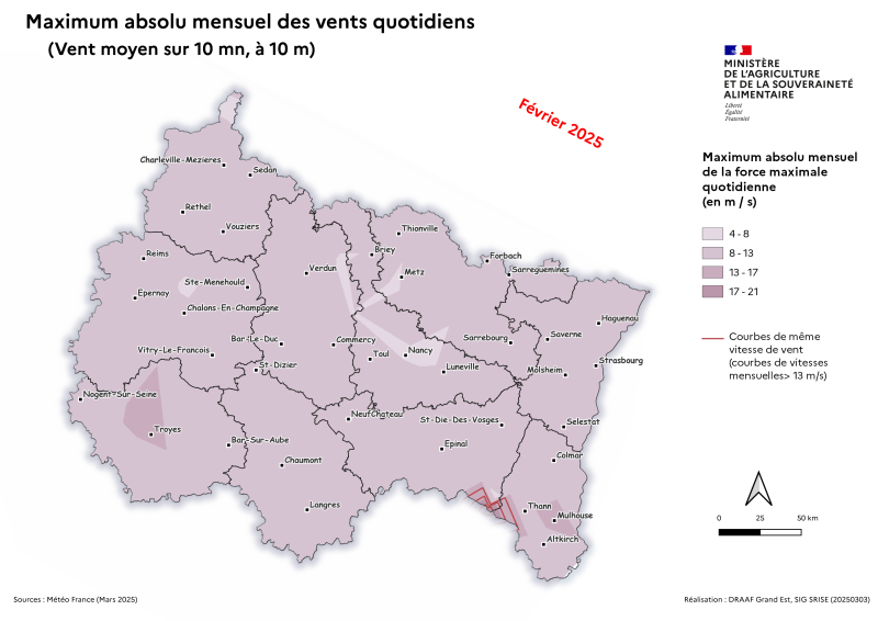 Image 3 : Vent moyen sur 10 mn à 10 m - Maximum absolu mensuel des vents quotidiens - février 2025